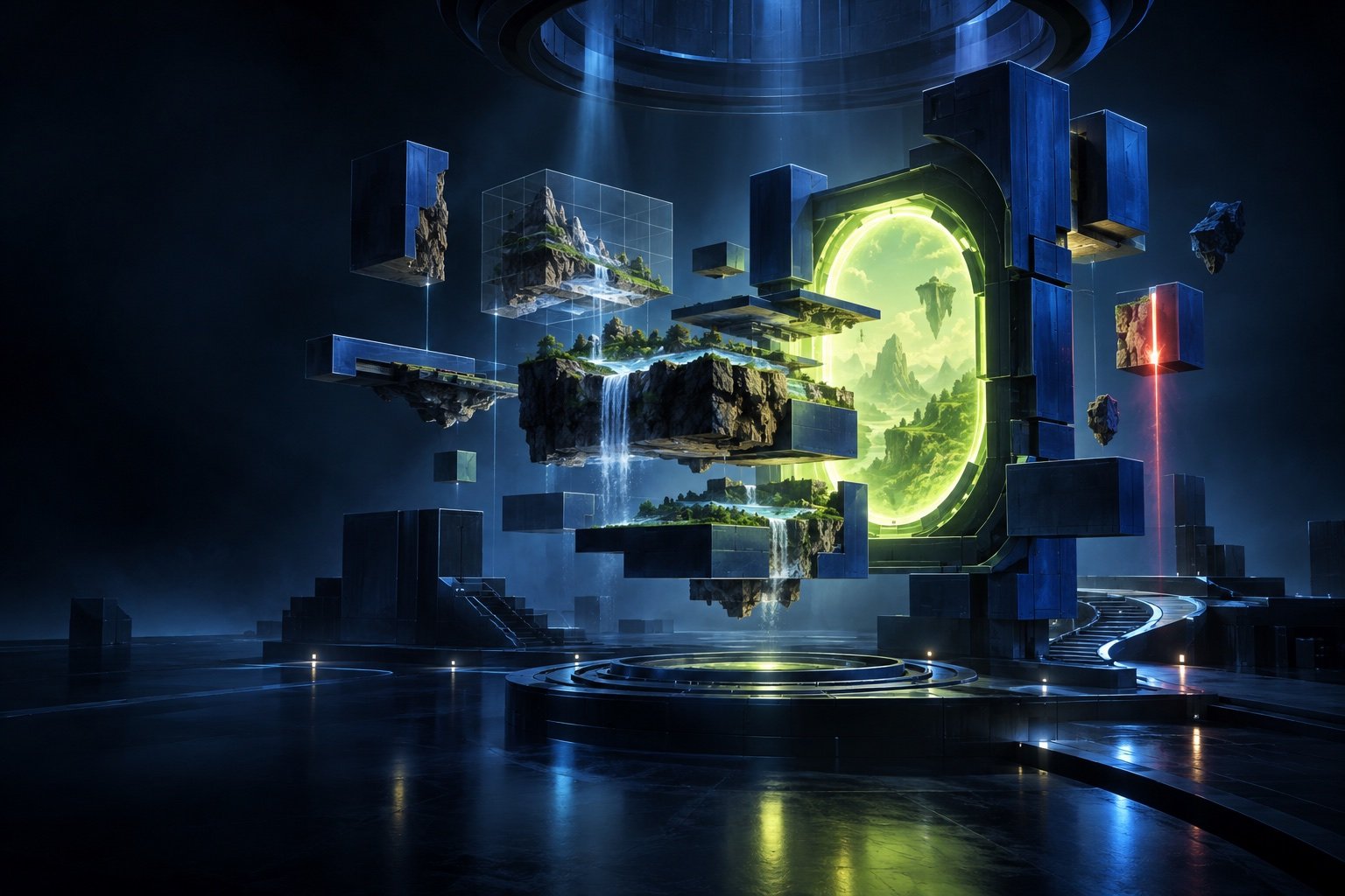 A luminous modular game world assembling around a portal in a digital studio